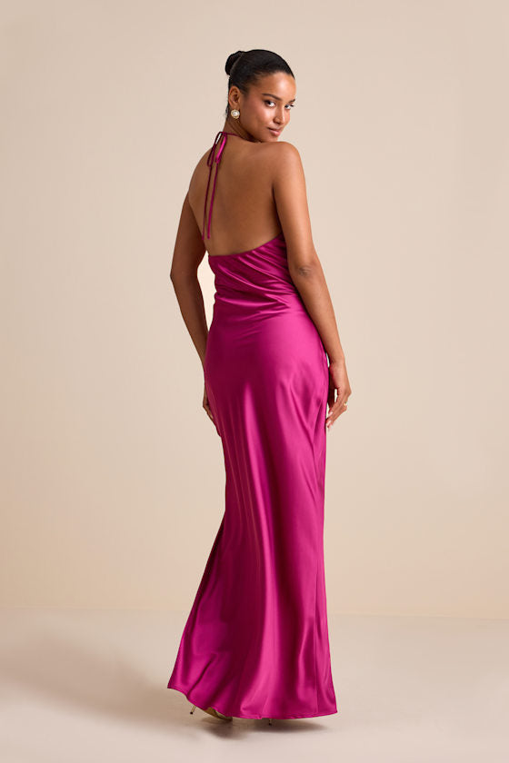 Gracie Olive Green Satin Halter Neck Maxi Dress