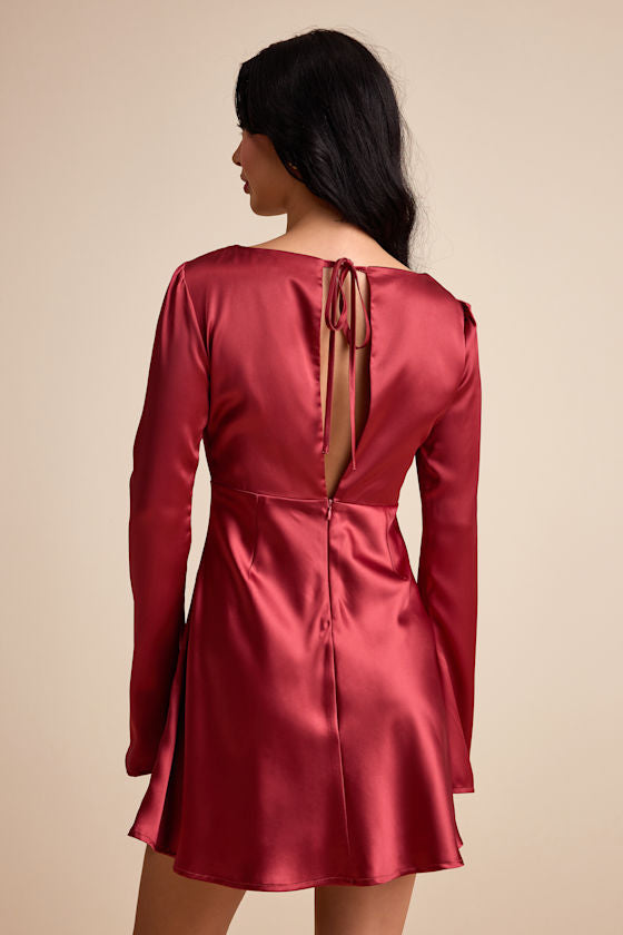 Emberlyn Sage Green Satin Lace Long Sleeve Mini Dress