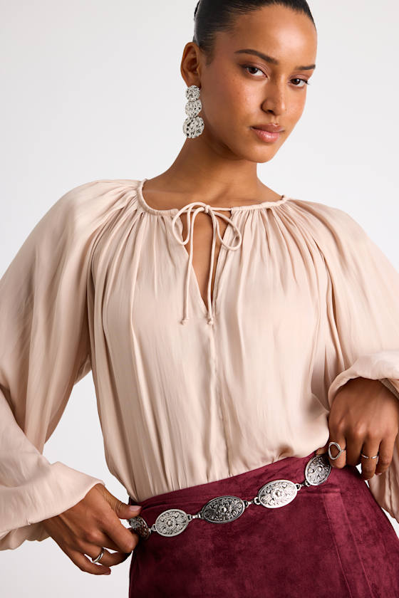 Hestia Tan Gathered Balloon Sleeve Top