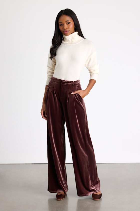 Chic Splendor Wine Red Velvet Pleated High-Rise Wide-Leg Pants