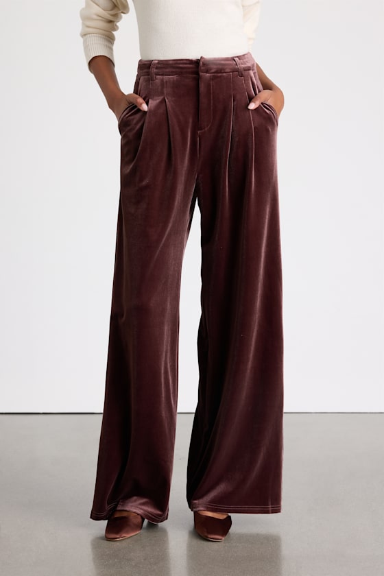 Chic Splendor Wine Red Velvet Pleated High-Rise Wide-Leg Pants