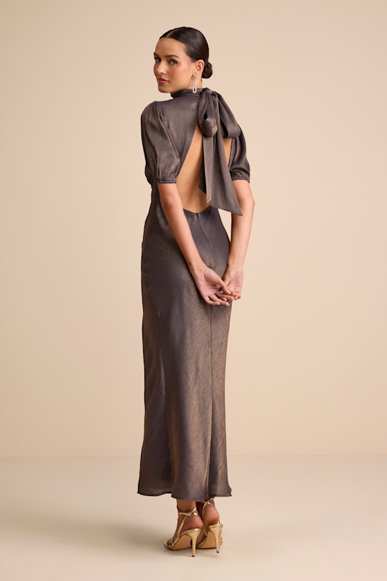 Talira Light Blue Satin Lurex Mock Neck Cutout Maxi Dress