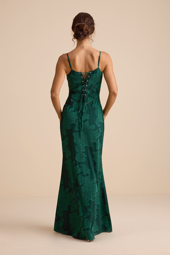Edwardine Dark Green Burnout Lace-Up Maxi Dress