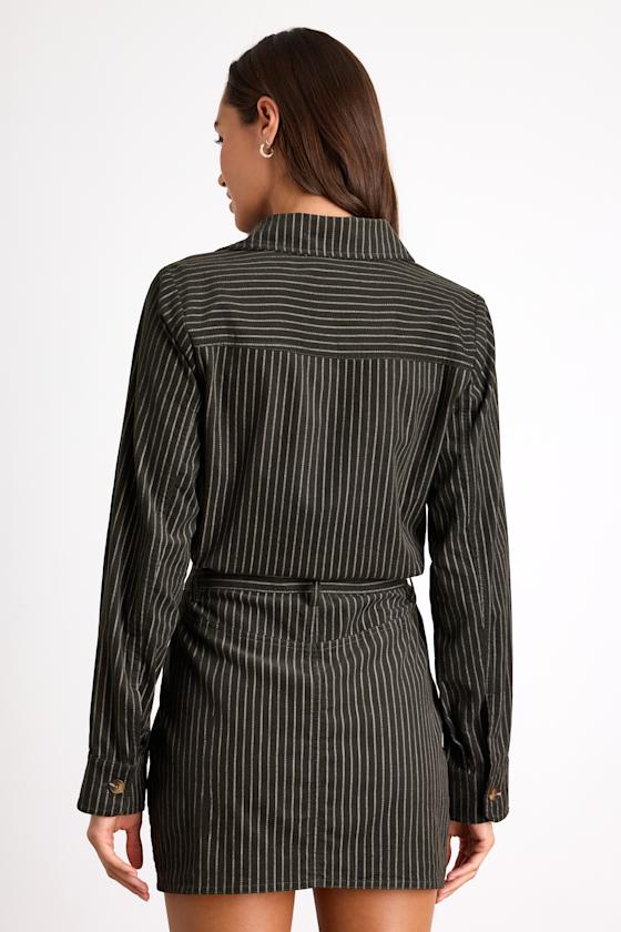 Divina Dark Olive Pinstriped Twill Collared Mini Dress