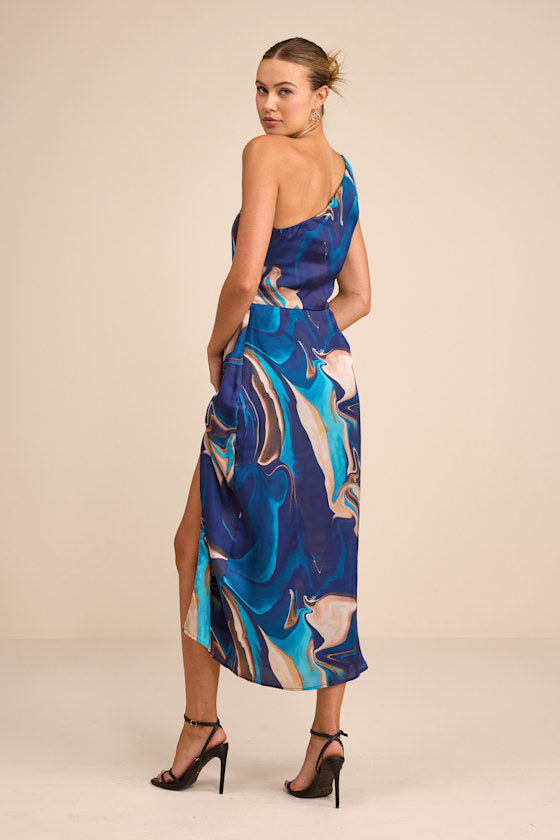 Rhema White Multi Abstract Print Satin Midi Dress