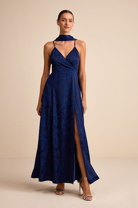 Mahira Emerald Satin Jacquard Surplice Sash Scarf Maxi Dress