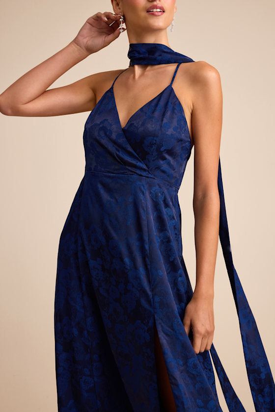 Mahira Emerald Satin Jacquard Surplice Sash Scarf Maxi Dress