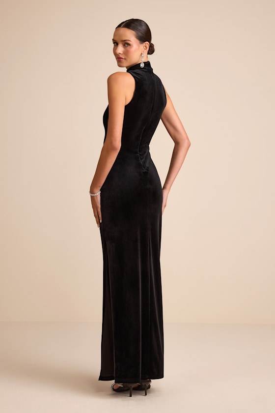 Kemalie Black Velvet Lace Mock Neck Maxi Dress