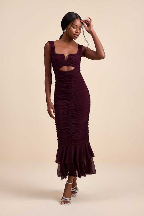 Aelara Hot Pink Mesh Ruched Trumpet Midi Dress
