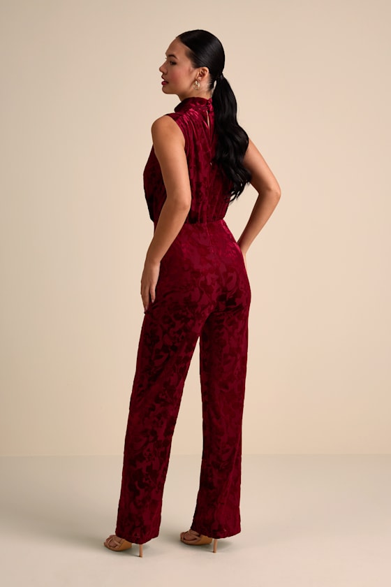 Micola Black Velvet Jacquard Mock Neck Jumpsuit