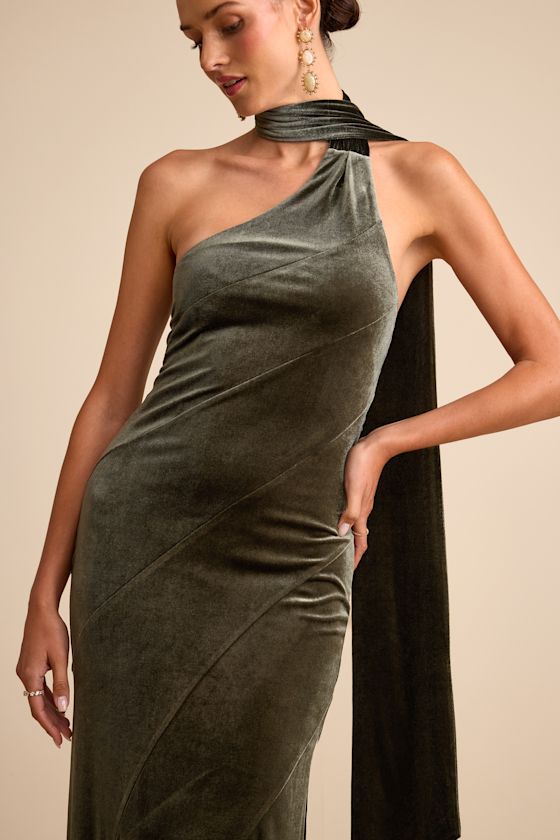 Eleni Black Velvet One-Shoulder Sash Maxi Dress