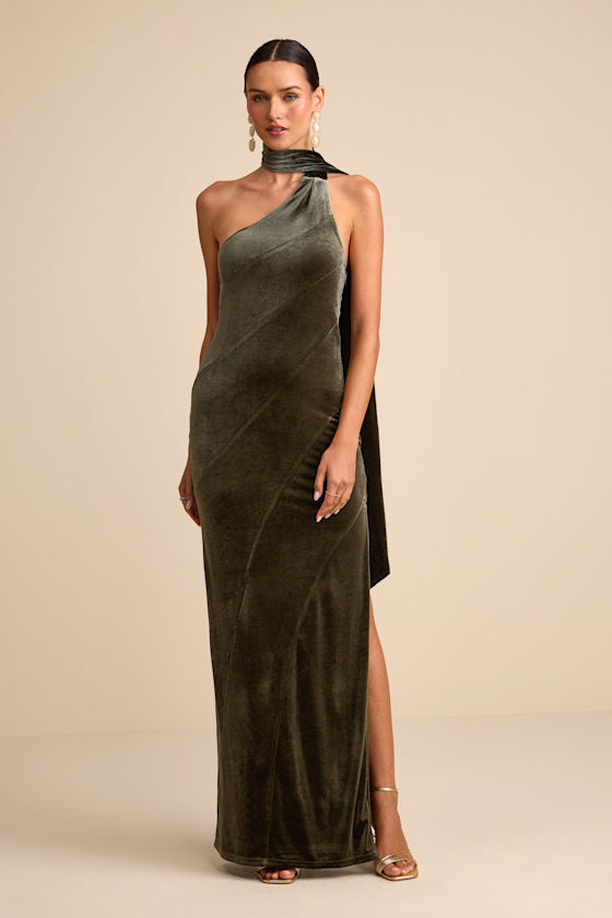 Eleni Black Velvet One-Shoulder Sash Maxi Dress