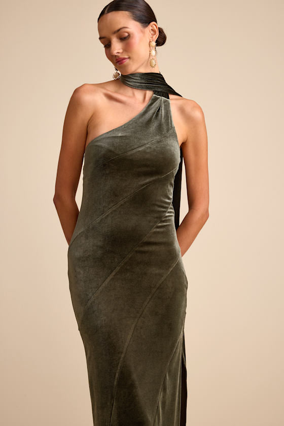 Eleni Black Velvet One-Shoulder Sash Maxi Dress