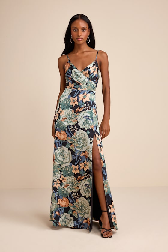Radiant Occasion Navy Blue Floral Satin A-Line Maxi Dress