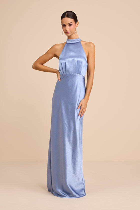 Sevinia Olive Green Satin Mock Neck Sleeveless Maxi Dress