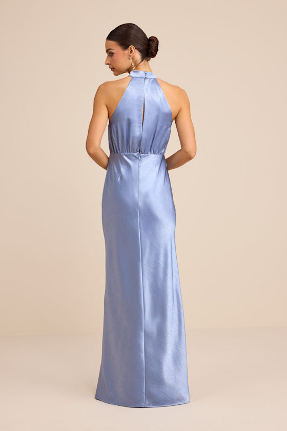 Sevinia Olive Green Satin Mock Neck Sleeveless Maxi Dress