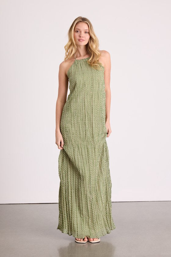 Denetta Green and Cream Stiped Halter Shift Maxi Dress