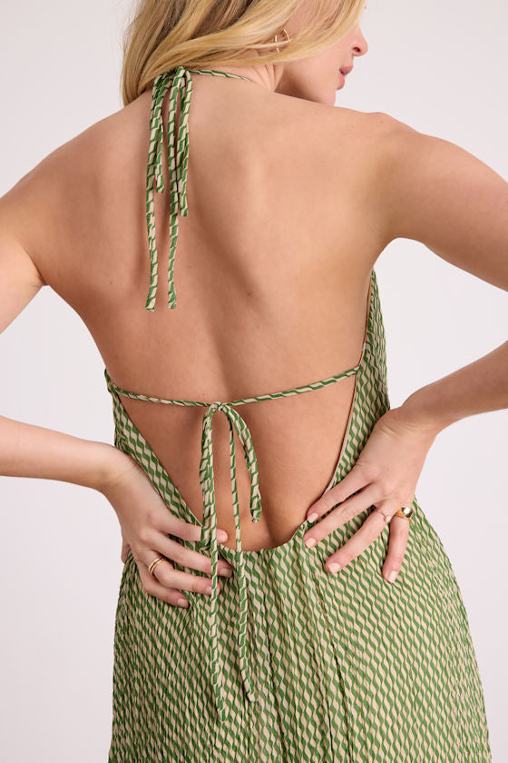 Denetta Green and Cream Stiped Halter Shift Maxi Dress