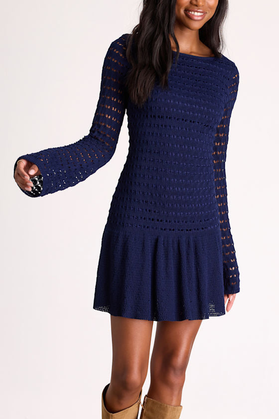 Sylvie Navy Loose Knit Drop Waist Sweater Mini Dress