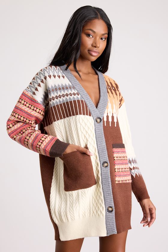 Emilee Brown and Cream Fair Isle Sweater Mini Dress
