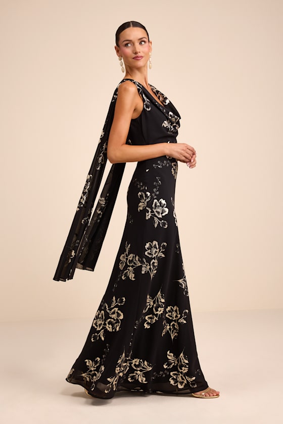 Sidonia Yellow and Gold Floral Cowl Sash Maxi Dress