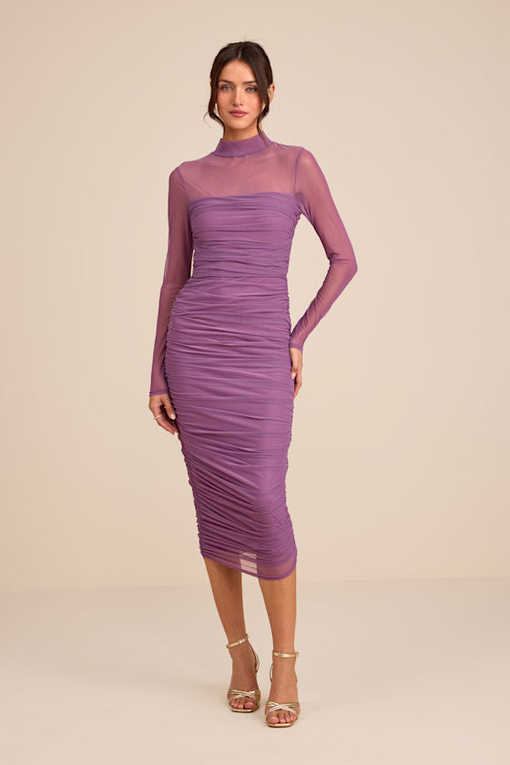 Impressive Flirt Olive Green Mesh Ruched Mock Neck Midi Dress
