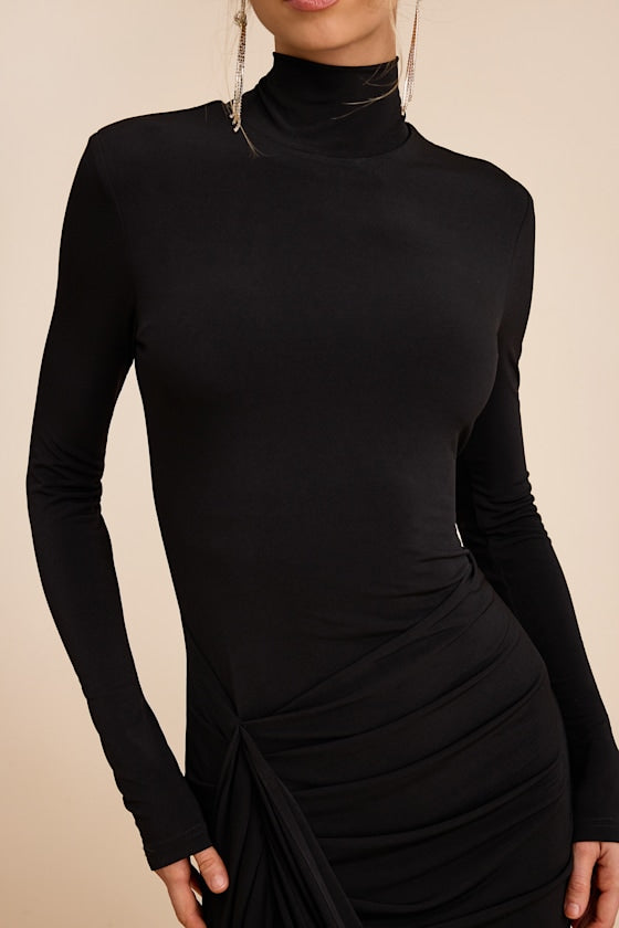 Tassana Wine Red Jersey Knit Mock Neck Maxi Dress