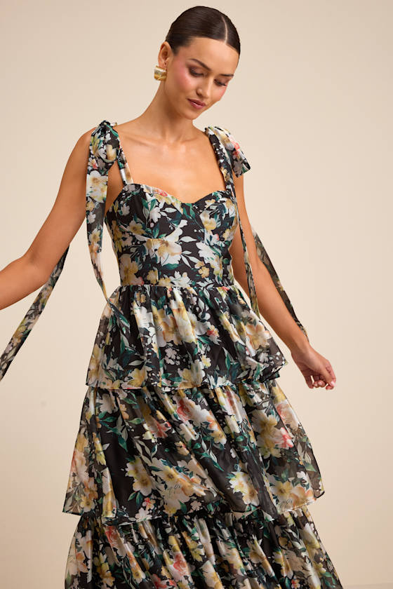 Svea Light Yellow Floral Tiered Tie-Strap Midi Dress