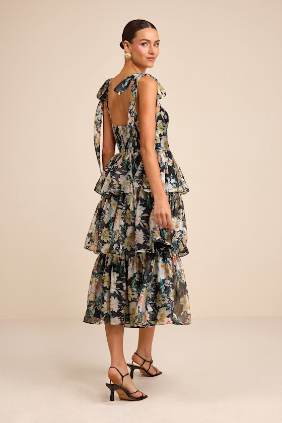 Svea Light Yellow Floral Tiered Tie-Strap Midi Dress