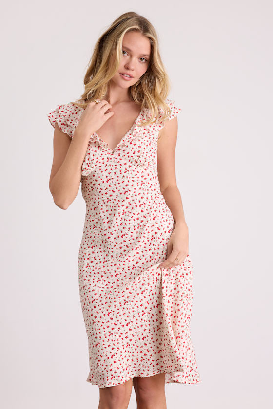 Primrose Cream Ditsy Floral Ruffled Midi Dress