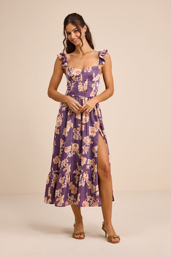 Sweet Like Sangria Blue Floral Ruffled Bustier Midi Dress