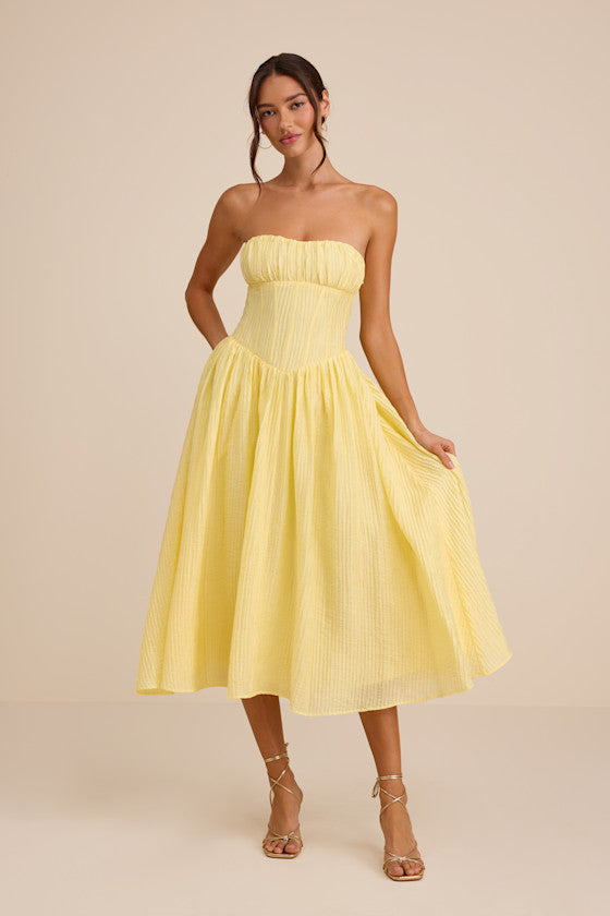 Aspen Ivory Plisse Strapless Bustier Midi Dress