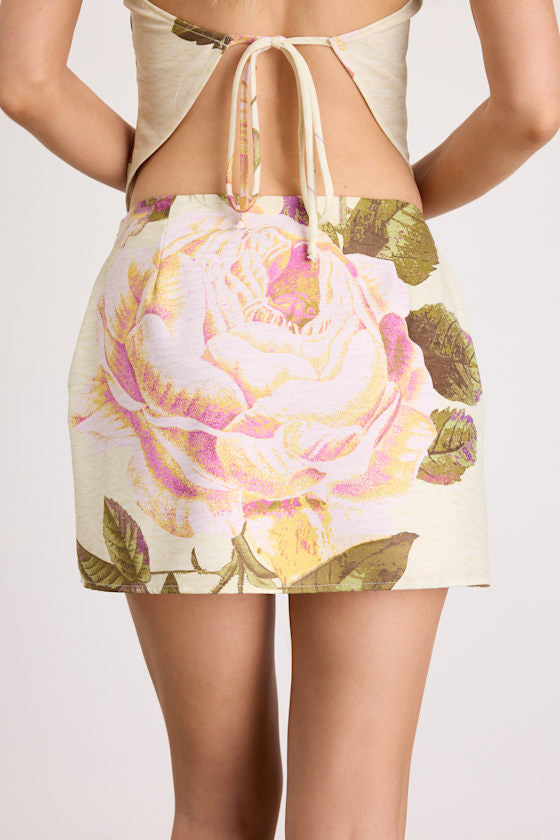 Dawson Light Yellow Floral Satin Mini Skirt
