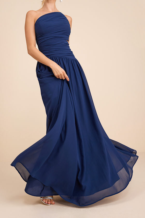Marcela Pale Yellow Ruched One-Shoulder Maxi Dress