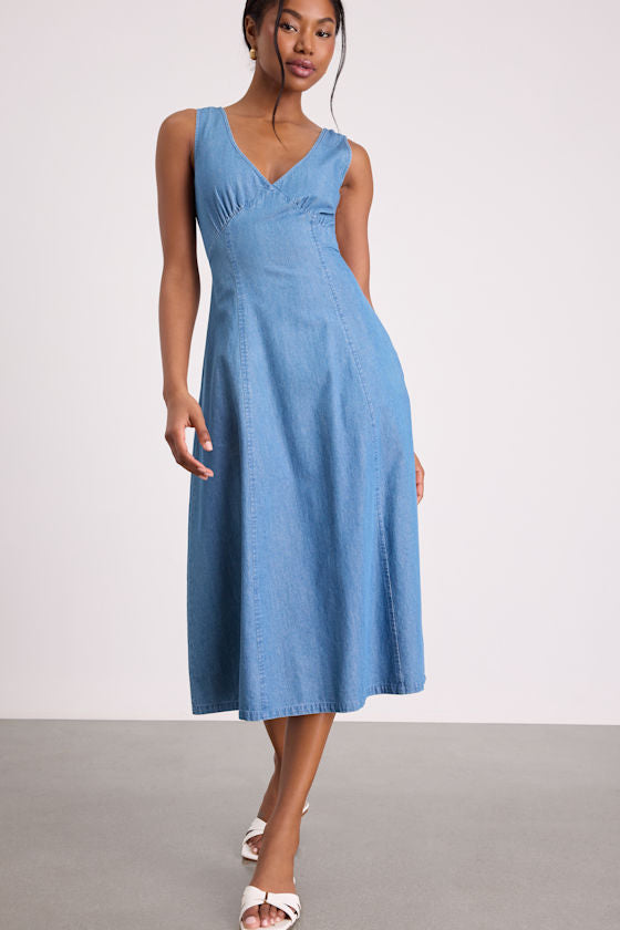 Miranda Medium Wash Denim Sleeveless Midi Dress