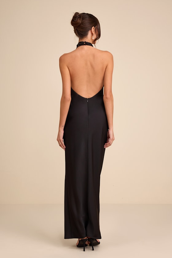 Daney Olive Green Satin Cross-Front Halter Maxi Dress