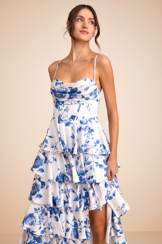 Arletta Light Blue Satin Bustier Tiered Maxi Dress