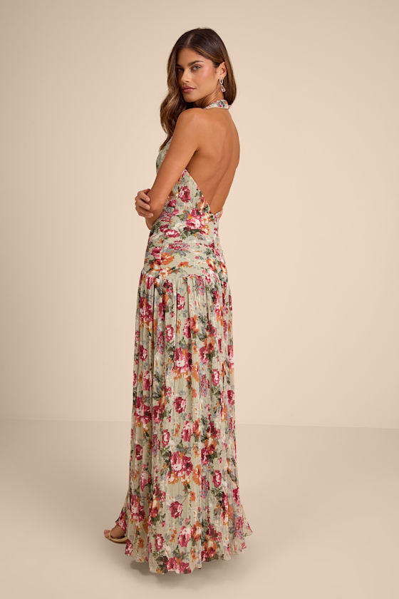 Sylvanna Sage Floral Halter Drop Waist Maxi Dress