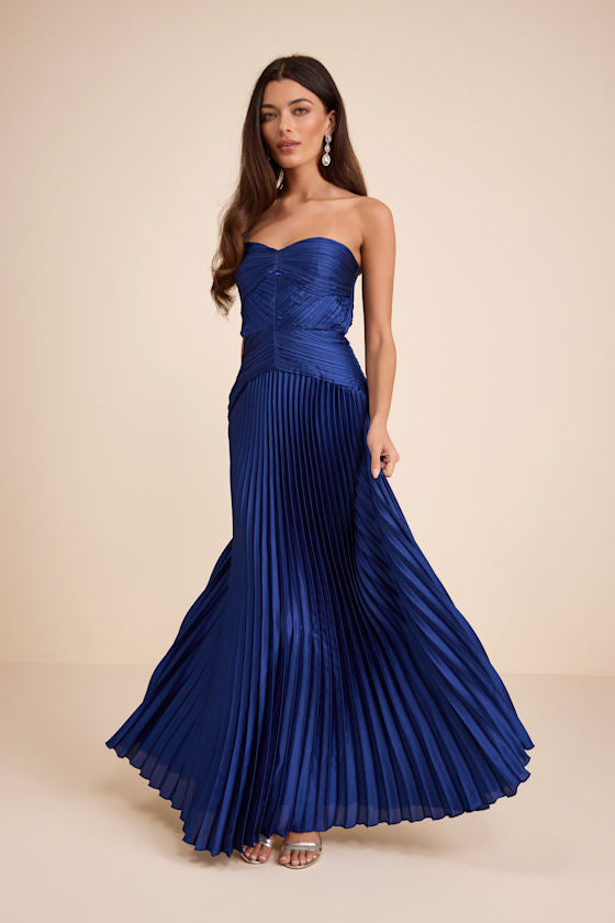 Elkay Yellow Pleated Satin Drop Waist Maxi Dress