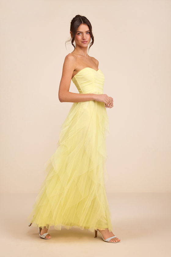 Delightful Beauty Pink Mesh Strapless Ruched Ruffled Maxi Dress