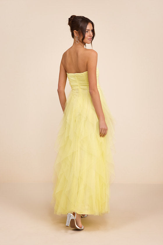 Delightful Beauty Pink Mesh Strapless Ruched Ruffled Maxi Dress