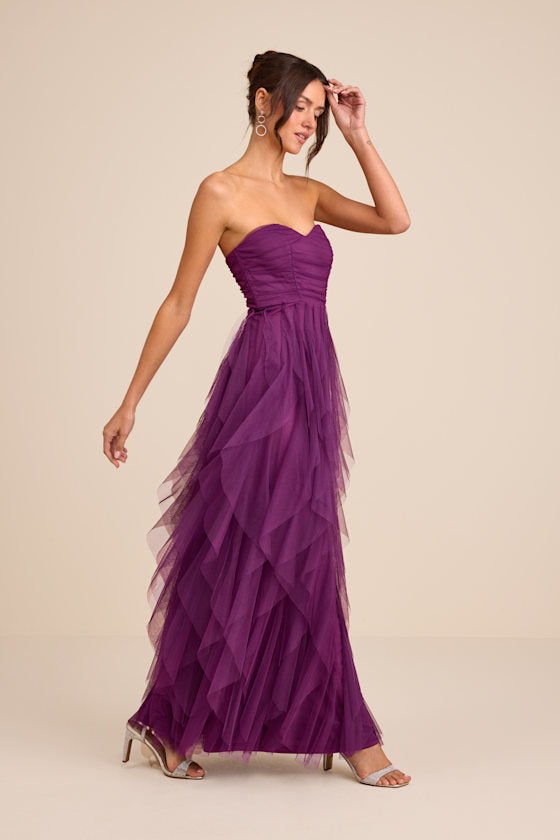 Delightful Beauty Pink Mesh Strapless Ruched Ruffled Maxi Dress