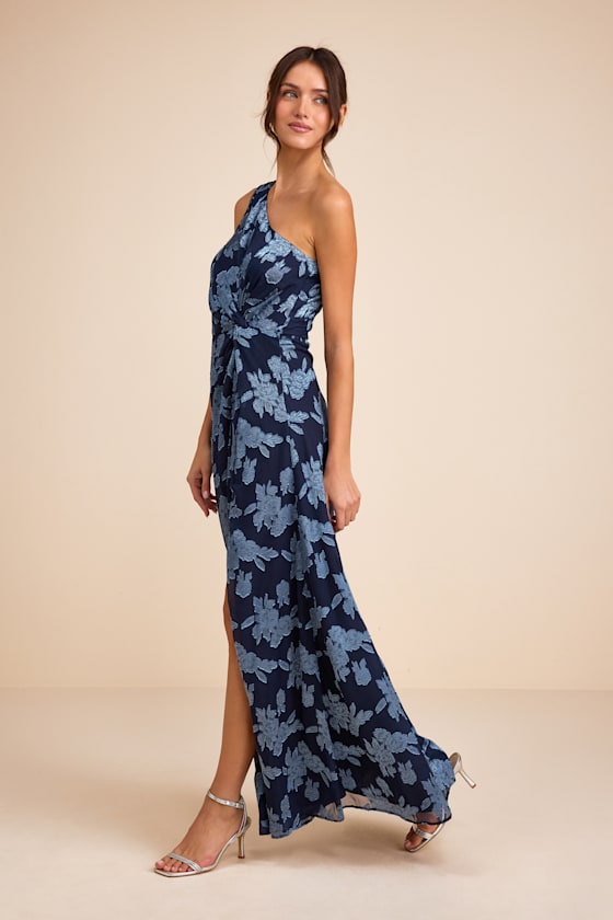 Renni Sage Green Floral Jacquard One-Shoulder Maxi Dress