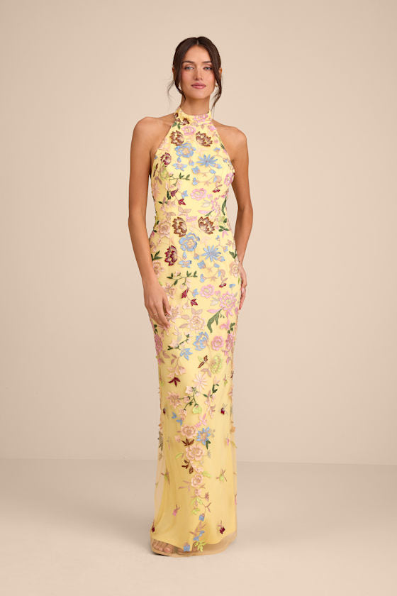 Infinite Praise Black 3D Floral Embroidered Halter Maxi Dress