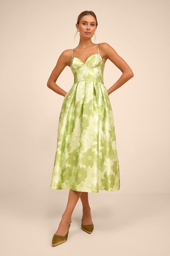 Vivinna Blue Floral Jacquard Pleated Midi Dress
