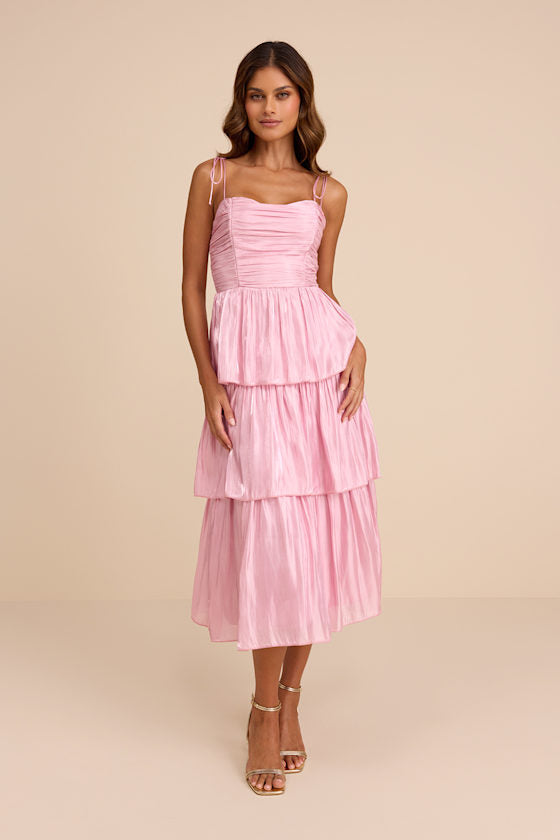 Tennon Dusty Rose Plisse Tiered Midi Dress