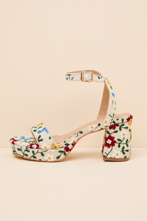 Elodina Multi Floral Raffia Platform High Heel Sandals