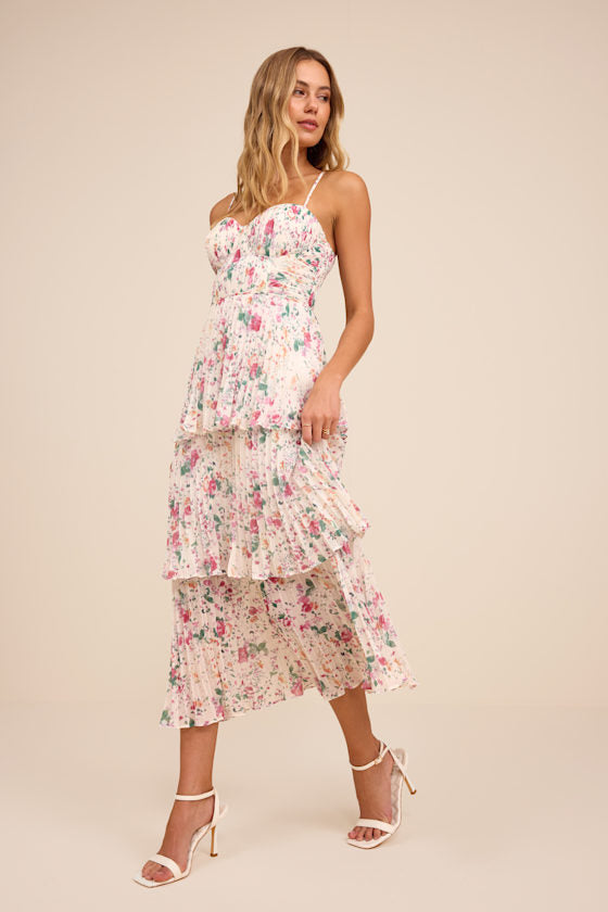 Cascading Crush Black Tiered Bustier Midi Dress