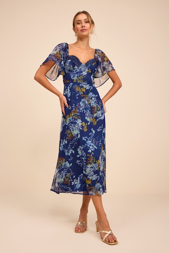 Valla Light Blue Floral Flutter Sleeve Midi Dress