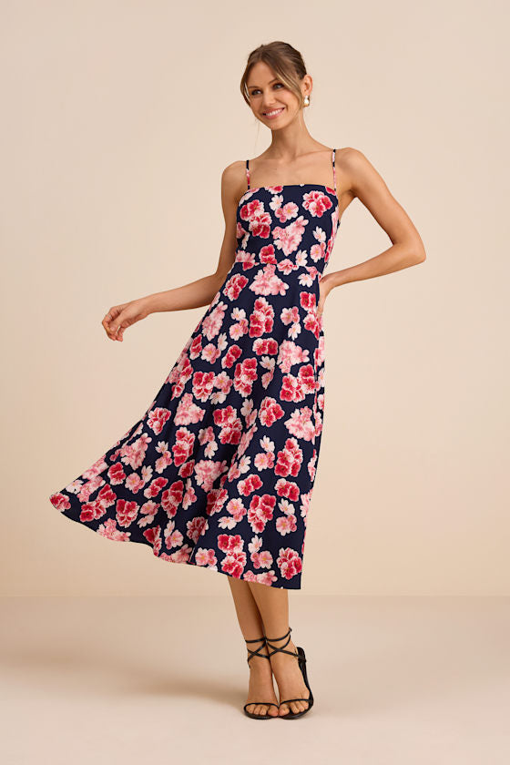 Radiant Feelings Orange and Purple Floral Chiffon Midi Dress